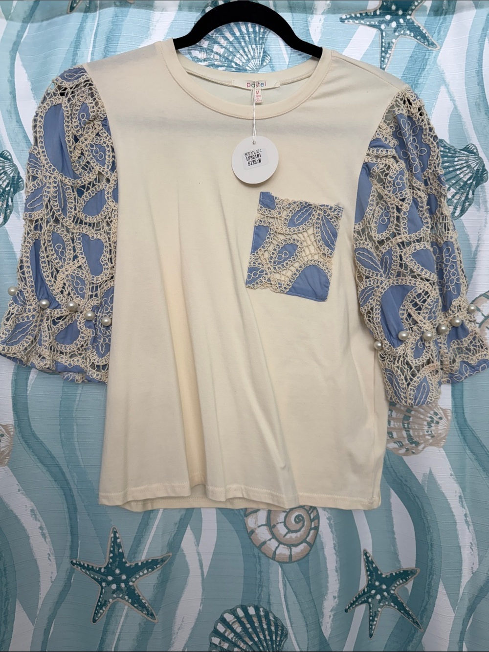 Pastels Cream Top with Blue Lace Puff Sleeves